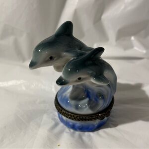 Dolphin Figurine Trinket Box with Blue and Gray Accents